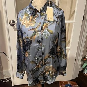 Elie Tahari Blue Floral Silk-Blend Button Front Blouse